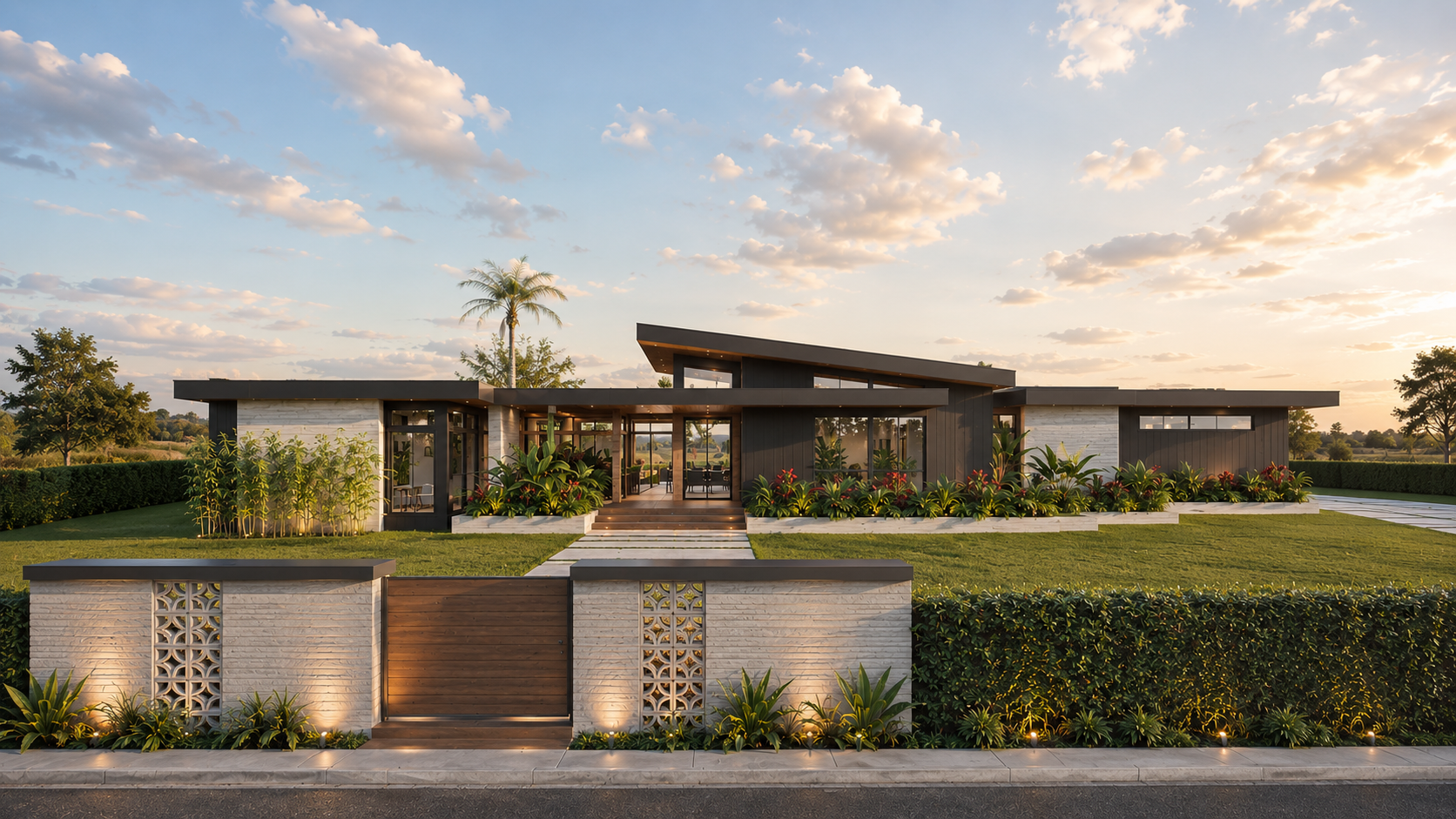Mid-century modern custom residence front elevation rendering