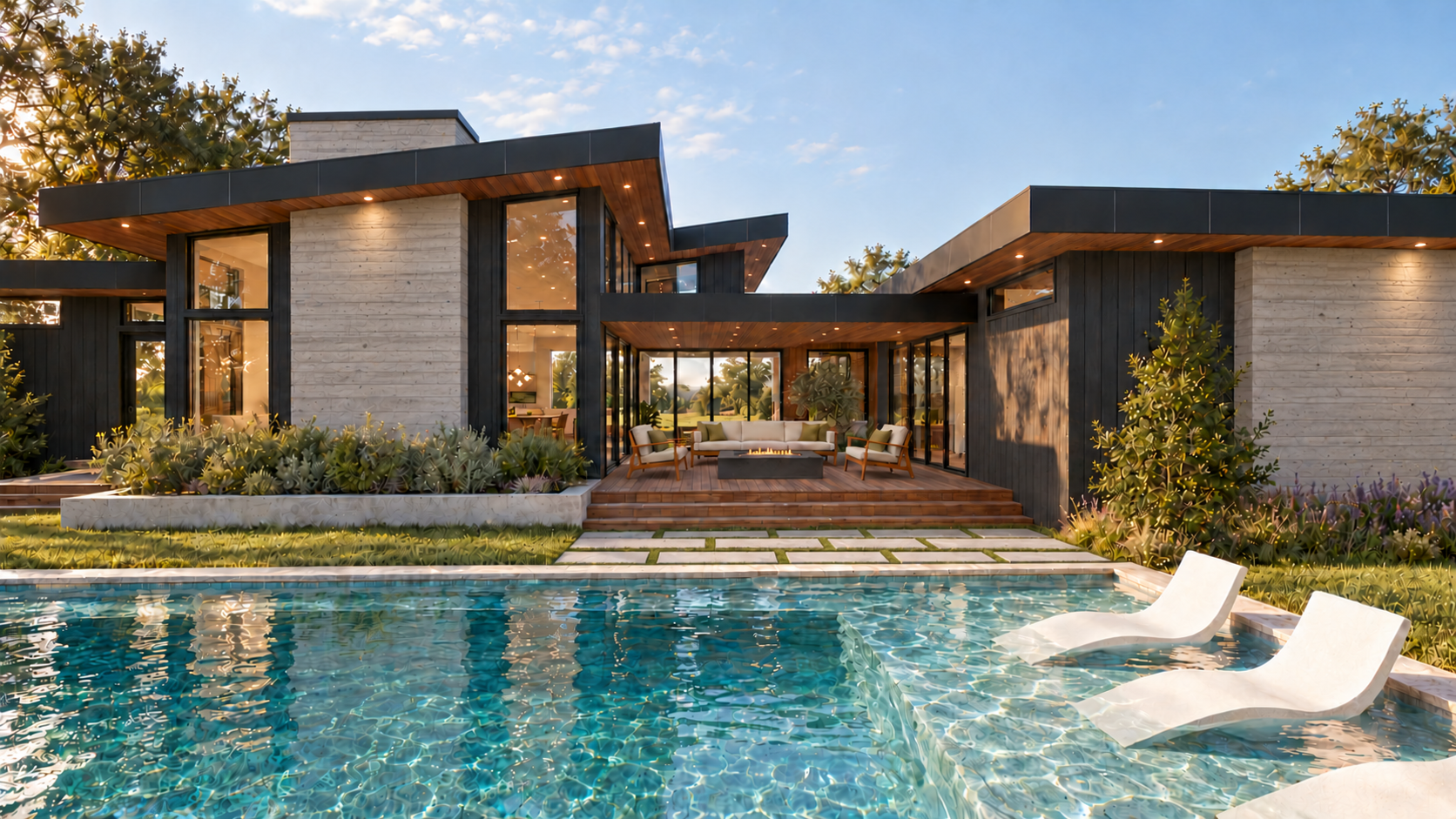 Rear courtyard rendering with pool and covered outdoor seating