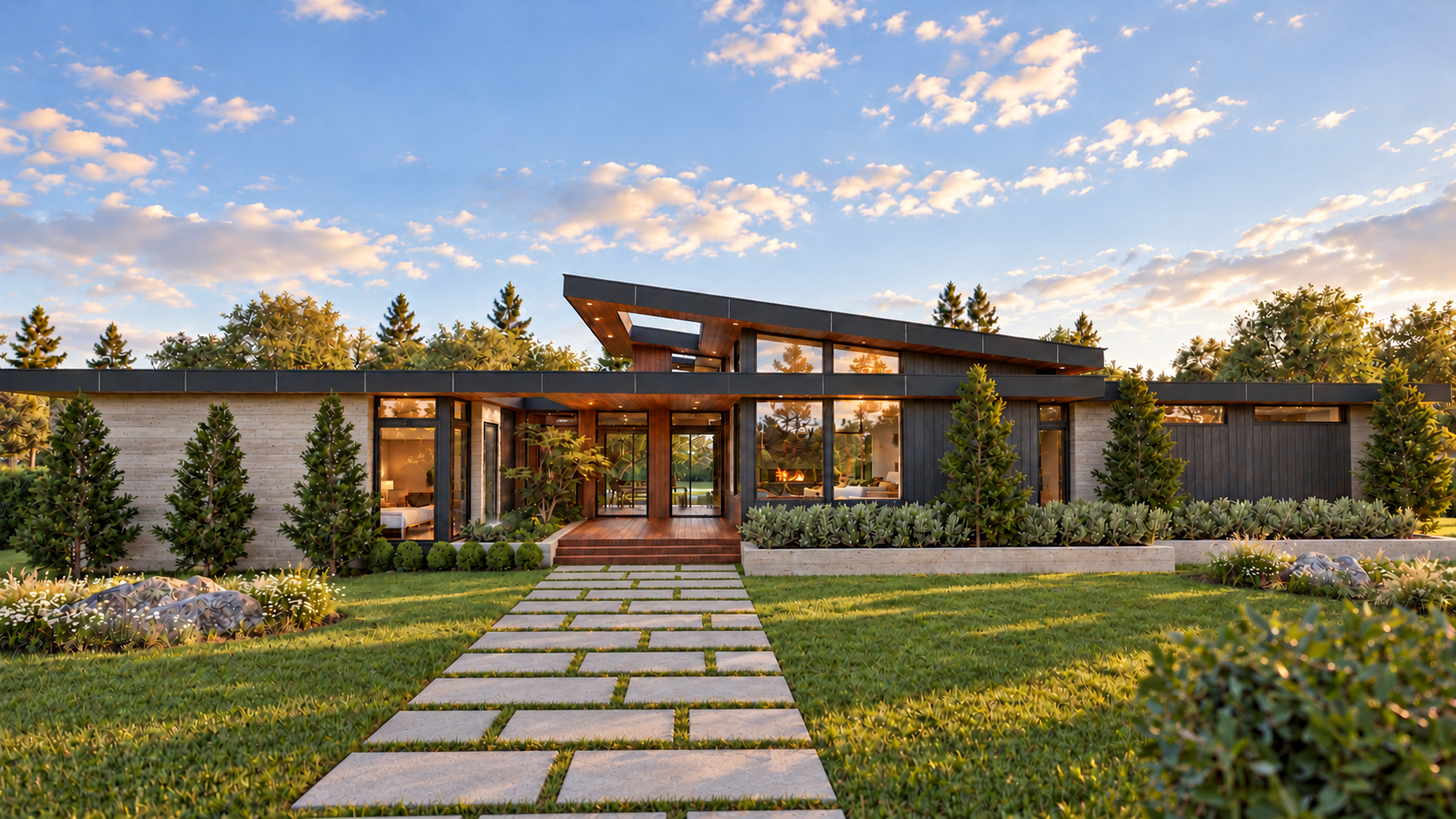 Front elevation rendering with pale masonry and dark siding