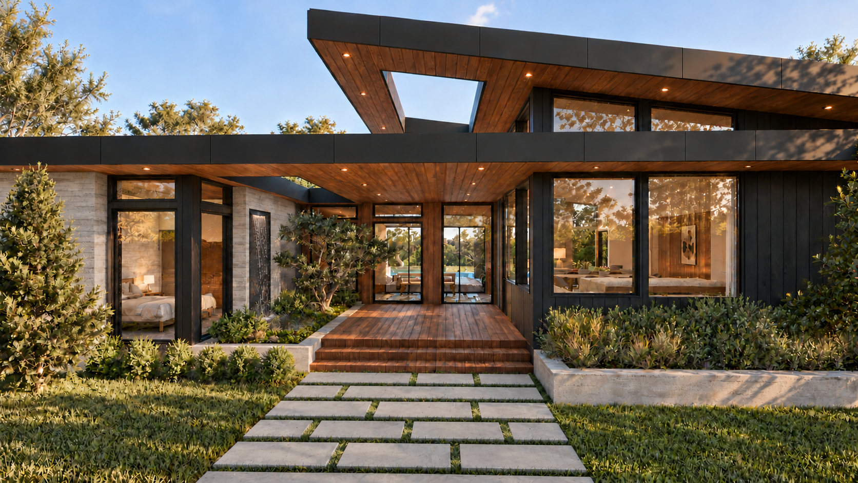 Close-up rendering of the covered front entry