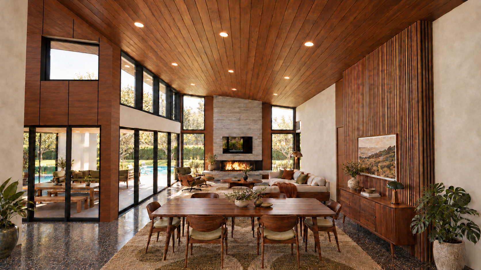 Great room and dining rendering with cream upholstery