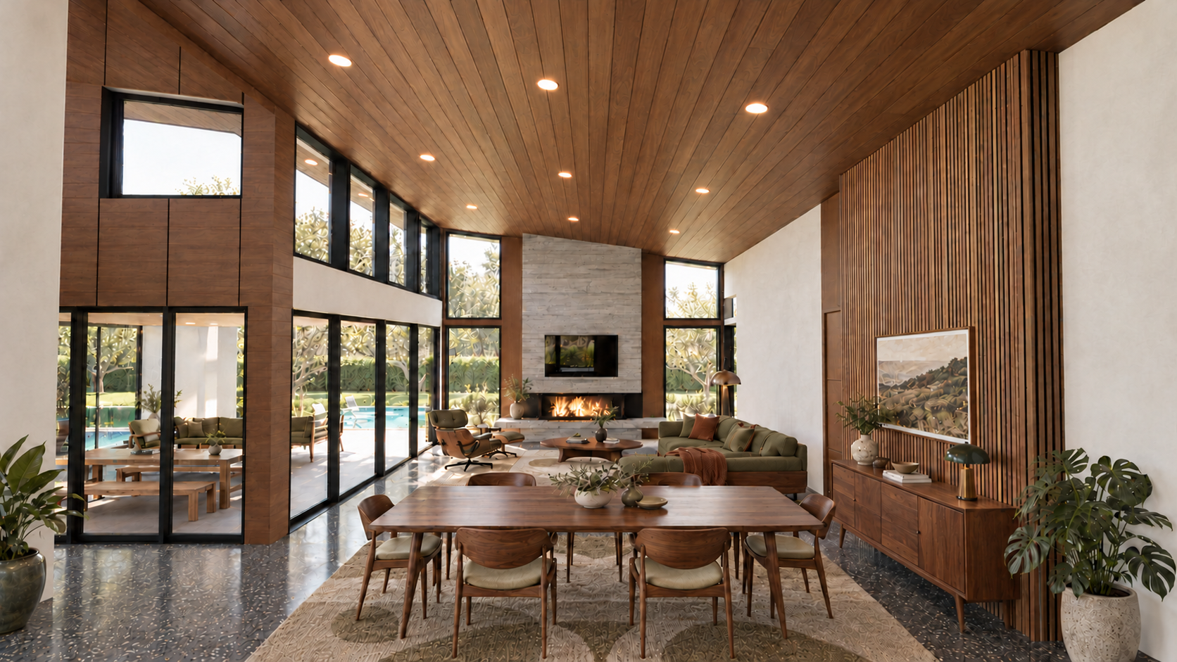 Great room and dining rendering with olive upholstery