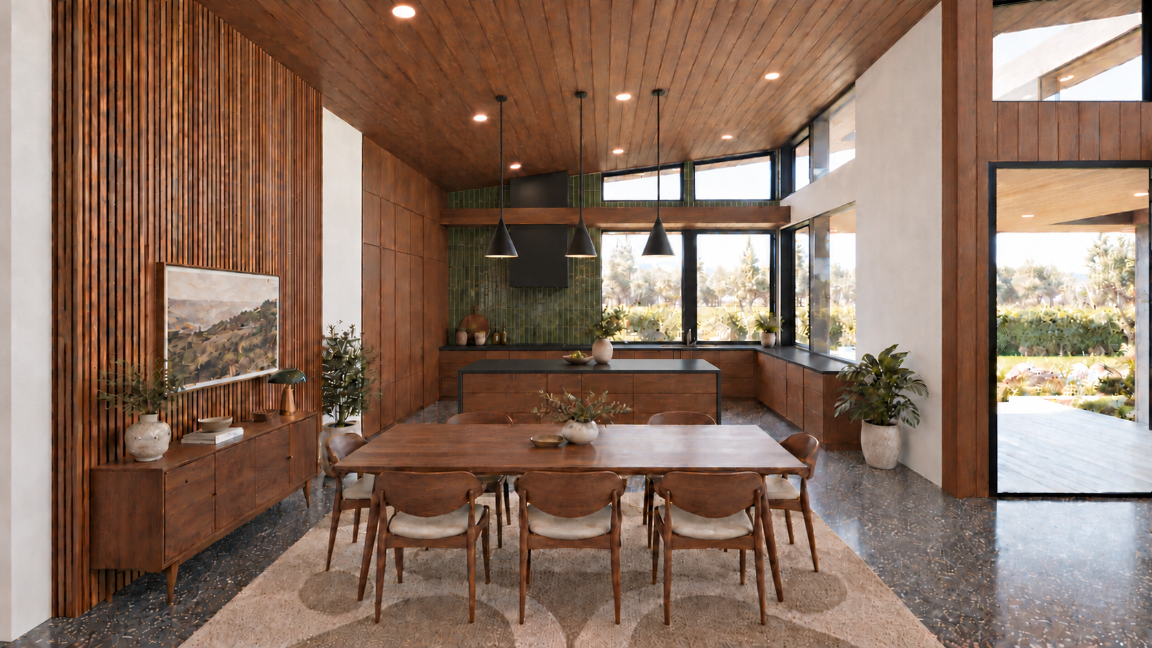 Kitchen rendering with green tile and dark countertops