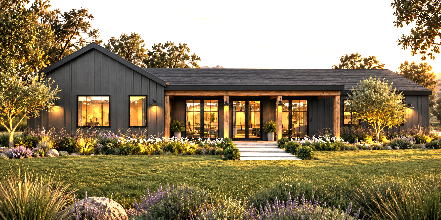 Small custom home concept with dark siding and a timber-framed front porch