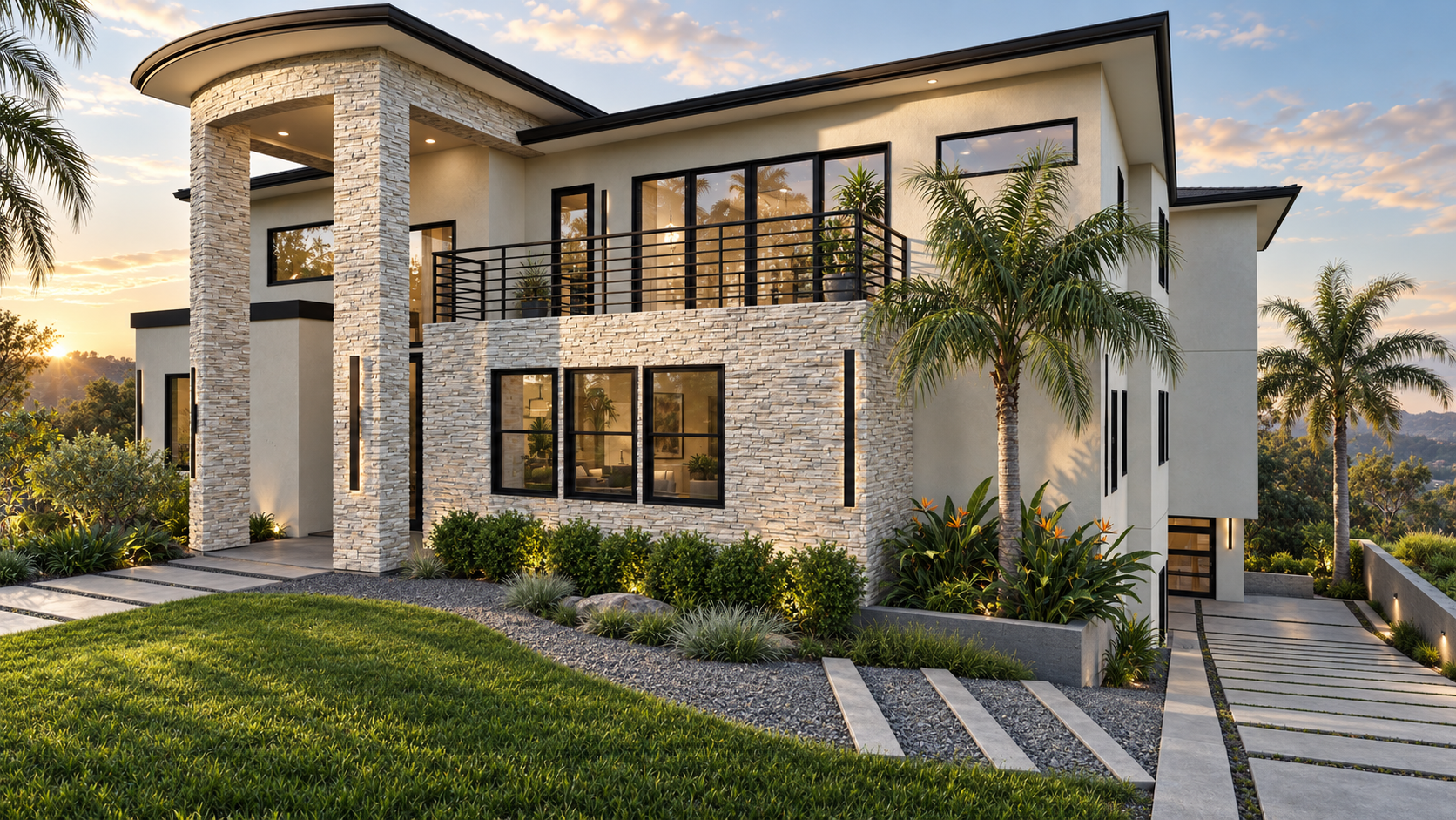 Terrace House exterior design rendering with a stone-clad entry and sheltered balcony