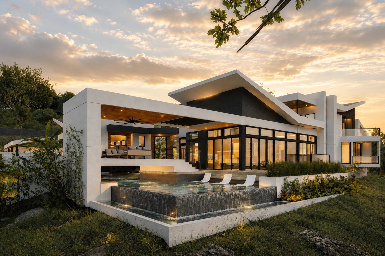 Exterior design rendering of a hillside home and pool terrace