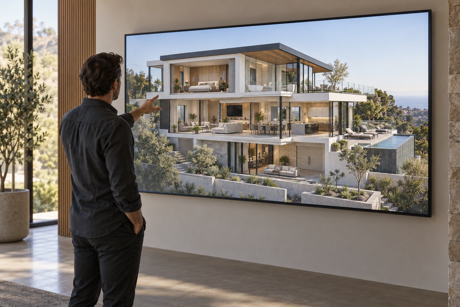 Designer reviewing a large digital home visualization