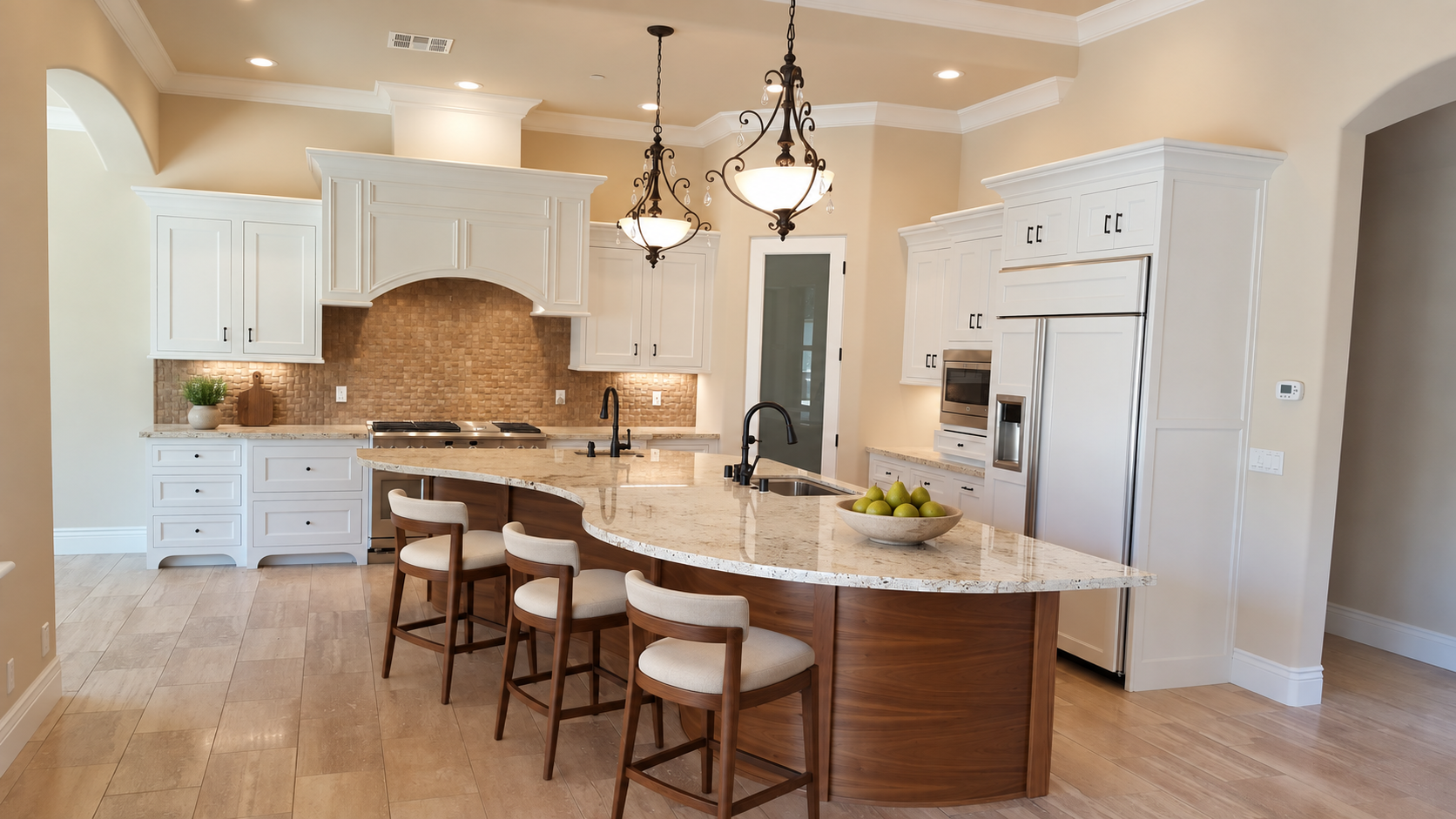 Curved stone kitchen island with warm wood cabinetry