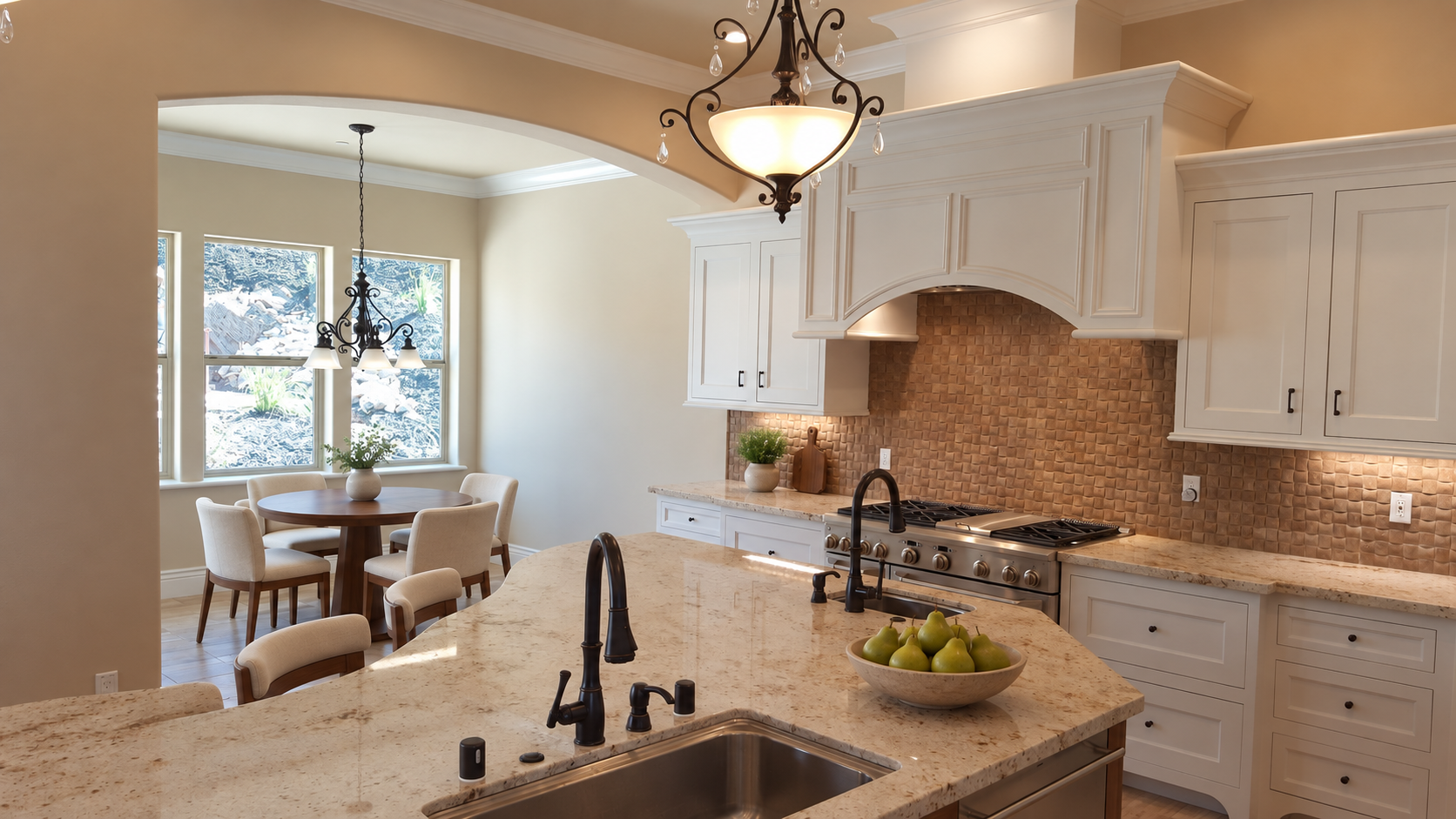 Kitchen sink and cooking area with pale cabinets and a stone backsplash