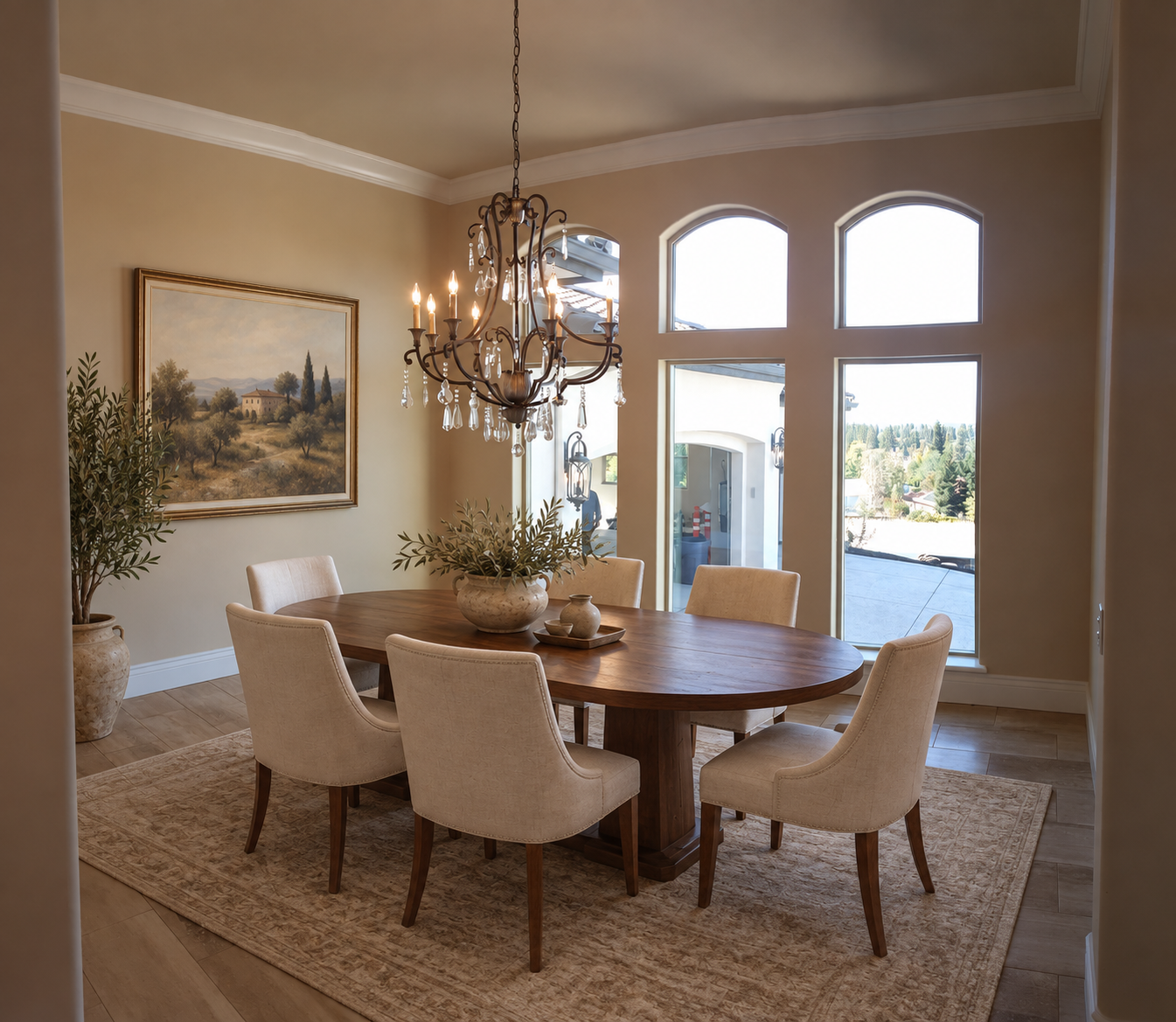 Light-filled room with arched windows and a chandelier