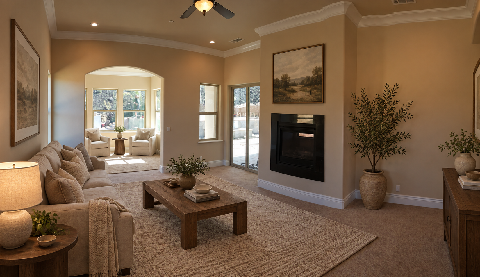 Private room with a fireplace and garden-facing windows