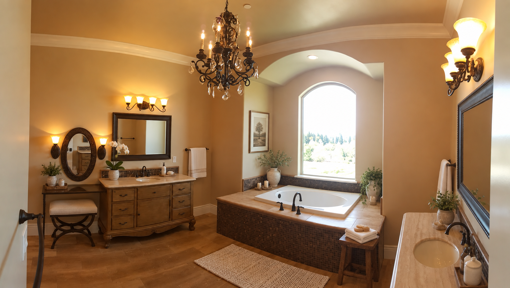 Bathroom with a soaking tub, arched window and ornate lighting