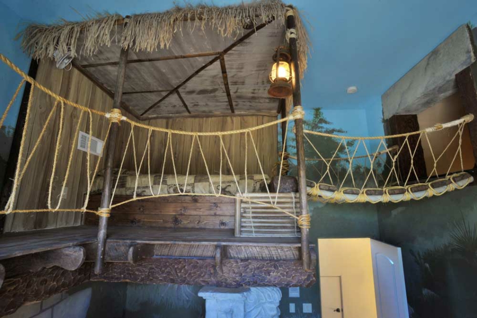 Indoor rope bridge within the themed recreation space