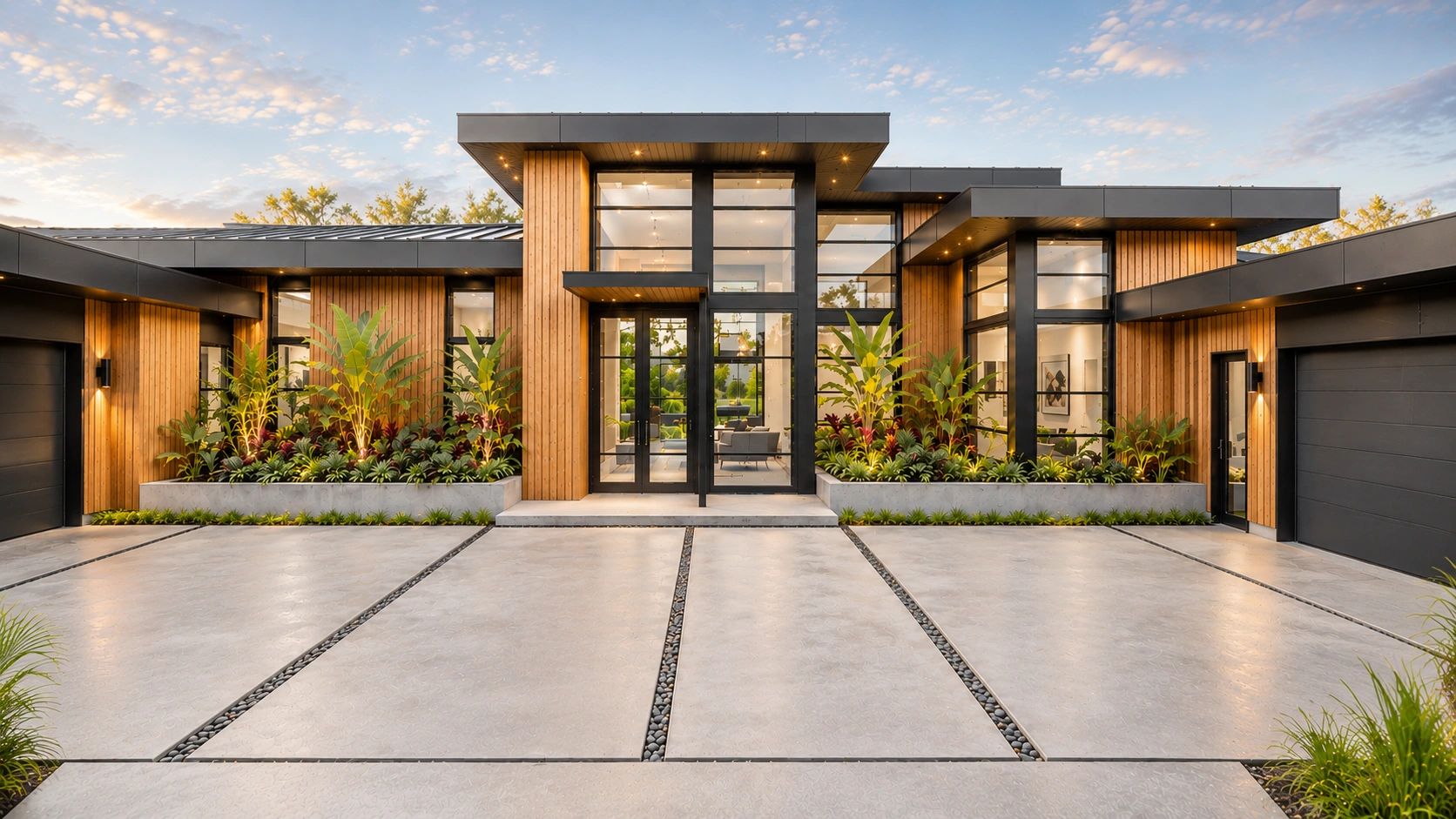 Close entry rendering of the same client design, with warm wood, tall glazing and planted borders